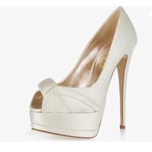 XYD White Elegant Knotted Platform Stiletto Heels Bride Shoes Peep Toe Pumps